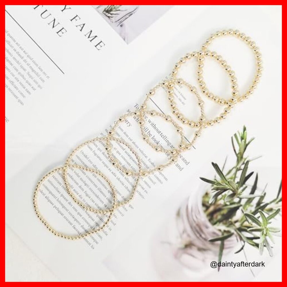 14k Gold Plated Stackable Bead Ball Bracelet Set … - image 6